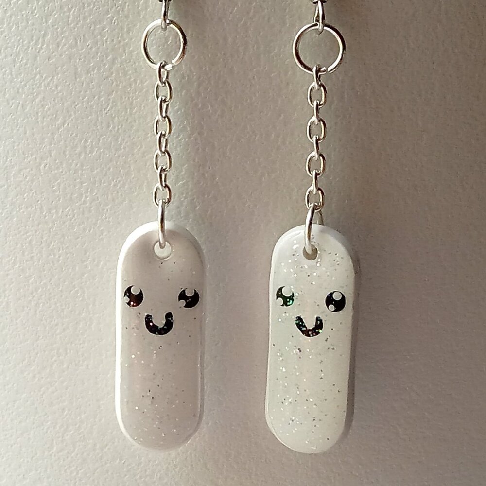Handmade White Happy Face Dangle Earrings